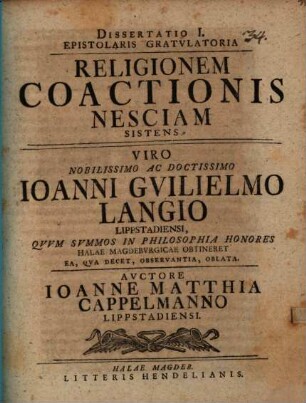 Diss. ... epistol. gratulatoria religionem coactionis nesciam sistens, 1