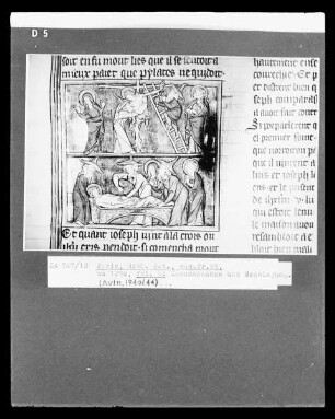 L'histoire du Gral, Folio 6, Miniatur mit der Kreuzabnahme und Grablege