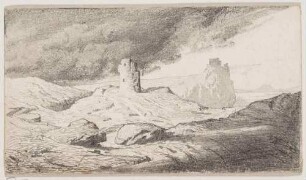 Wachtturm auf einem kahlen Felsen mit Gewitterwolken