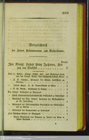 Verzeichniß der Herren Pränumeranten und Subscribenten