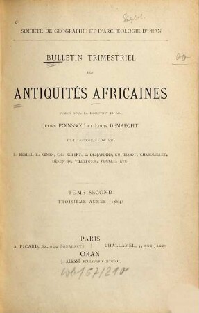 Bulletin trimestriel des antiquités africaines. 2. 1884 = Année 3