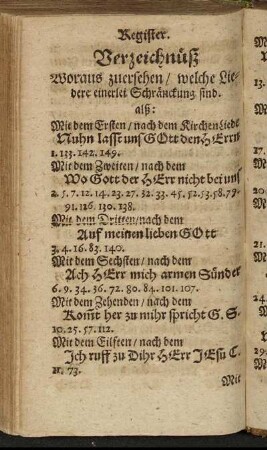 Verzeichnüß Woraus zuersehen/ welche Liedere einerlei Schränckung sind.