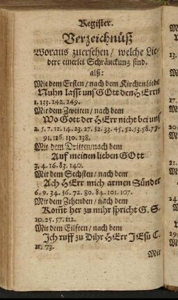 Verzeichnüß Woraus zuersehen/ welche Liedere einerlei Schränckung sind.
