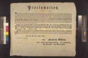 Maueranschlag: Proklamation des preußischen Königs Friedrich Wilhelm IV. über die Verlegung der Nationalversammlung nach Brandenburg; Sanssouci, 11. November 1848