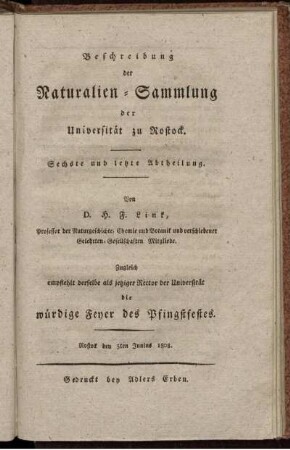 Abth. 6: Beschreibung der Naturalien-Sammlung der Universitaet zu Rostock. Abth. 6