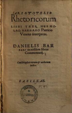 Aristotelis rhetoricorum libri tres
