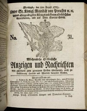 No. 31. Montags, den 2ten August 1773.