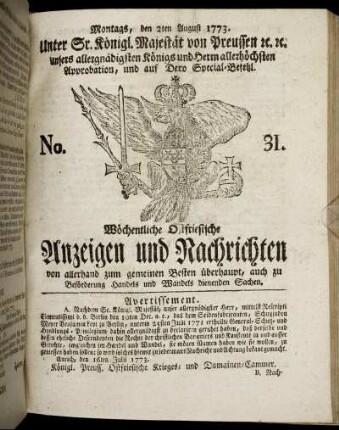 No. 31. Montags, den 2ten August 1773.