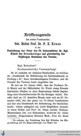 Eröffnungsrede in der Festsitzung zu Feier des 70. Geburtsfestes Sr. Kgl. Hoheit des Grossherzogs und gleichzeitig des 70jährigen Bestehens des Vereins.