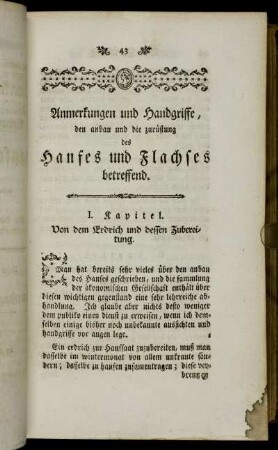Anmerkungen und Handgriffe den Anbau und die Zurüstung des Hanfes und Flachses betreffend. I. Kapitel. - X. Kapitel.