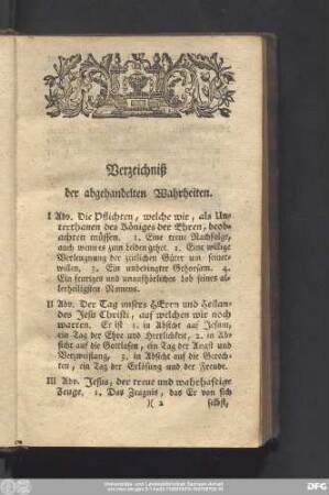 Verzeichniß der abgehandelten Wahrheiten.