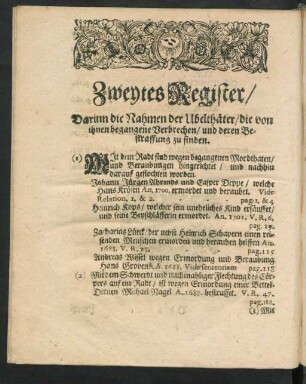 Zweytes Register, Darinn die Nahmen der Übelthäter, die von ihnen begangene Verbrechen, ...