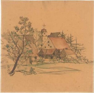 Gsaenger, Gustav; Landschafts - und Gebäudestudien - Häusergruppe mit Kirche (Studie)