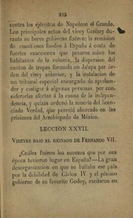 Leccion XXVII. Vireyes bajo el reinado de Fernando VII