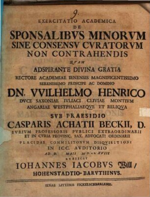 Exercitatio acad de sponsalibus minorum sine consensu curatorum non contrahendis