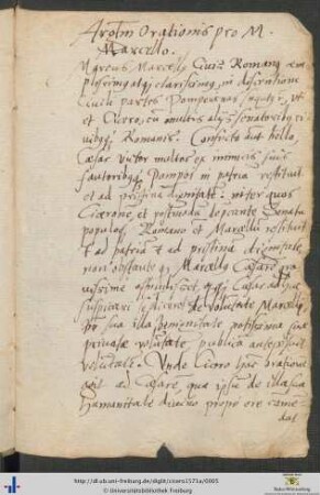 Argumentum Orationis pro Marco Marcello (handschriftlich)