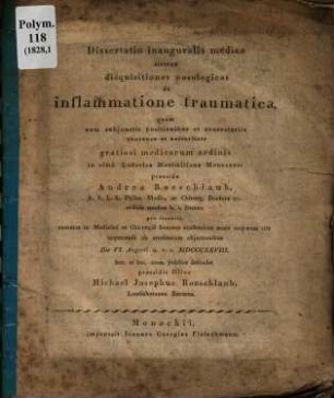 Dissertatio inauguralis medica sistens disqisitiones nosologicas de inflammatione traumatica