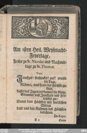 Am 1sten Heil. Weyhnacht-Feyertage, Frühe zu St. Nicolai und Nachmittage zu St. Thomae.