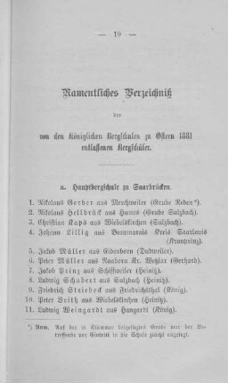 Namentliches Verzeichniß der von den königlichen Bergschulen zu Ostern 1881 entlassenen Bergschüler