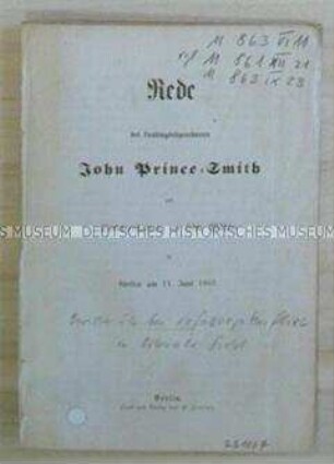 Druckschrift mit der Rede des Landtagsabgeordneten John Prince-Smith zur Berichterstattung an seine Wähler in Stettin am 11. Juni 1863