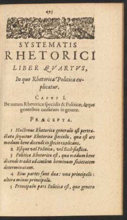Rhetorici Systematis Liber Quartus, In quo Rhetorica Politica explicatur.