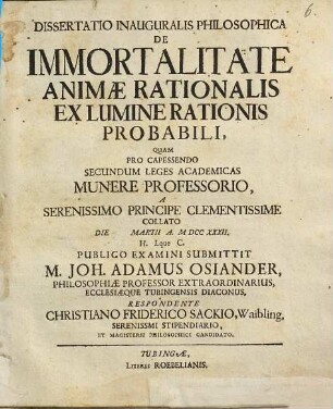 Dissertatio inauguralis philosophica de immortalitate animae rationalis ex lumine rationis probalili