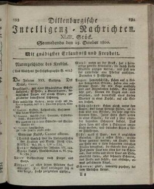 XLIII. Stück. Sonnabends den 25. October 1800.