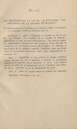 Ley reformando la ley no. 183 titulada "Ley orgánica de la ciudad de Manila."
