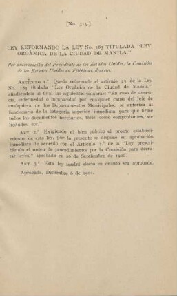 Ley reformando la ley no. 183 titulada "Ley orgánica de la ciudad de Manila."