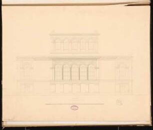 Theater, Berlin Schinkelwettbewerb 1861: Aufriss Vorderansicht; Maßstabsleiste