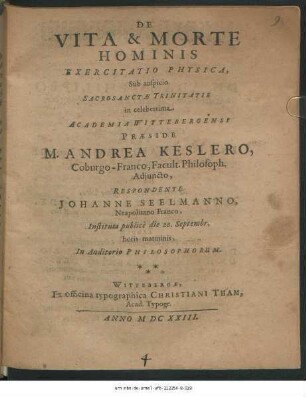 De Vita & Morte Hominis Exercitatio Physica