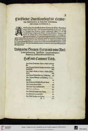 Fürstlicher Durchleuchtigkeit Ertzhertzog Ferdinanden zu Osterreich [...]