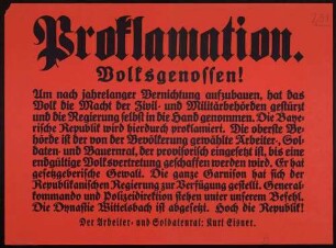 "Proklamation. Volksgenossen!" Ausrufung der Bayerischen Republik