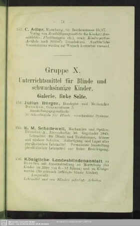 Gruppe X. Unterrichtsmittel für Blinde und schwachsinnige Kinder