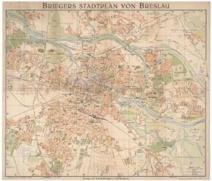Plan von Breslau, 1:20 000, Mehrfarbendruck, um 1935 : Briegers Stadtplan von Breslau. - 1:20 000. - Schweidnitz : Brieger , [um 1935]. - 1 Kt. : Mehrfarbendr. ; 48 x 40 cm. Kopft. - Mit Suchnetz