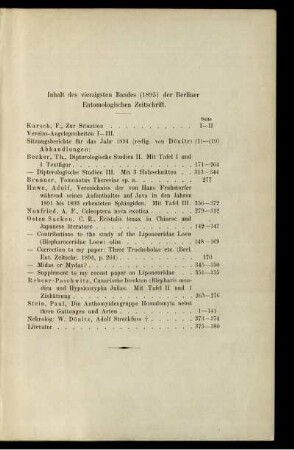 Inhalt des vierzigsten Bandes (1895) der Berliner Entomologischen Zeitschrift.