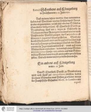 Extract eines Schreibes ausz Königsberg