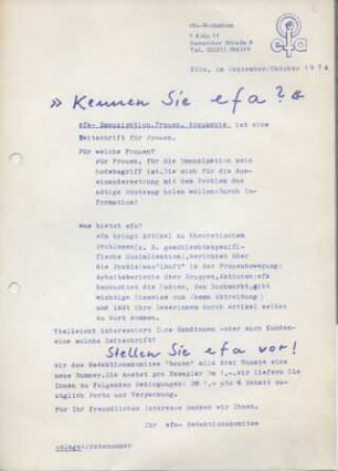 "Kernnen Sie efa?" Werbeflyer für BuchhändlerInnen zur Bekanntmachung der Zeitschrift "efa ".