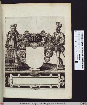 Leeres Wappenschild mit Blattwerk und Helm, flankiert von einer Frau und einem Mann.