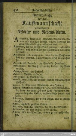Unterschiedliche bey der Kauffmannschafft gebräuchlichen Wörter und Redens-Arten