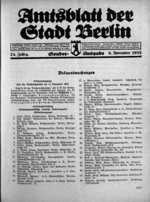 Sonder-Ausgabe, 8. November 1933