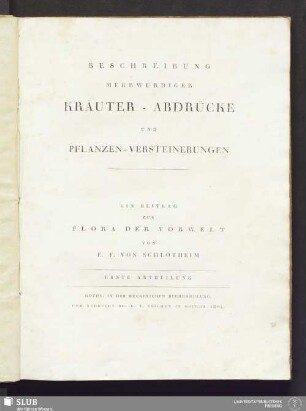 1. Abth.: Beschreibung merkwürdiger Kräuter-Abdrücke und Pflanzen-Versteinerungen : ein Beitrag zur Flora der Vorwelt