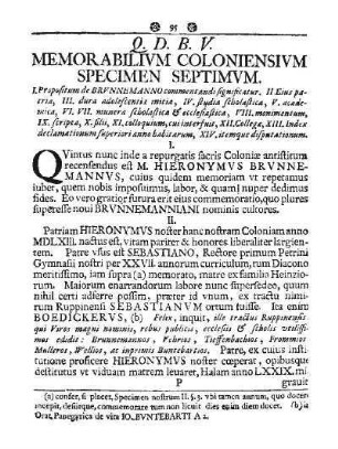 Q. D. B. V. MEMORABILIVM COLONIENSIVM SPECIMEN SEPTIMVM