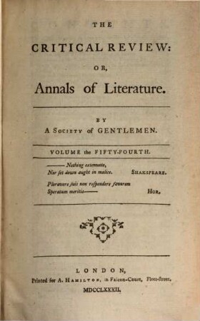 The critical review, or annals of literature. 54. 1782