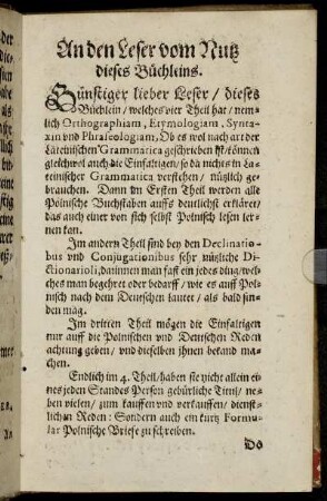 An den Leser vom Nutz dieses Büchleins.