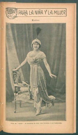 Modas - Traje de "soirée", de muselina de seda rosa bordada [...] - [Fotografía] : Para la niña y la mujer