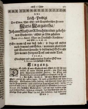 XXI. Leich-Predigt. [...] Frauen Maria Margaretha Johann Mathias Albrechtin [...] Glaubiger und außerwelter Kinder Gottes S. Bonum und höchstes Guth.