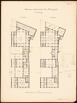 Brauerei-Ausschank mit Hotel »Zum Friedrichshof«, Karlsruhe: Grundrisse UG, 1.OG 1:200