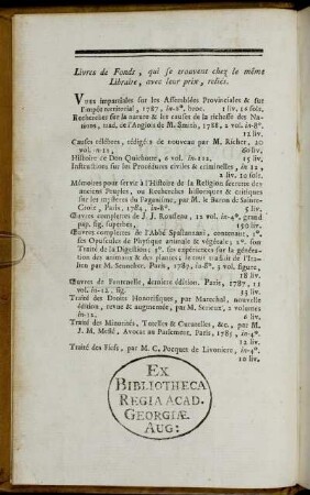 Livres de Fonds, qui se trouvent chez le même Libraire, avec leur, prix, reliés.
