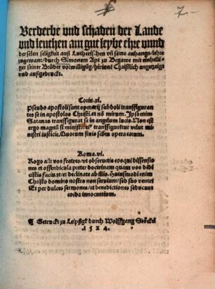 Verderbe vnd schaden der Lande vnd leuthen am gut leybe ehre vnnd der selen seligkeit auß Lutherischen vn[d] seins anhangs, lehre zugewant